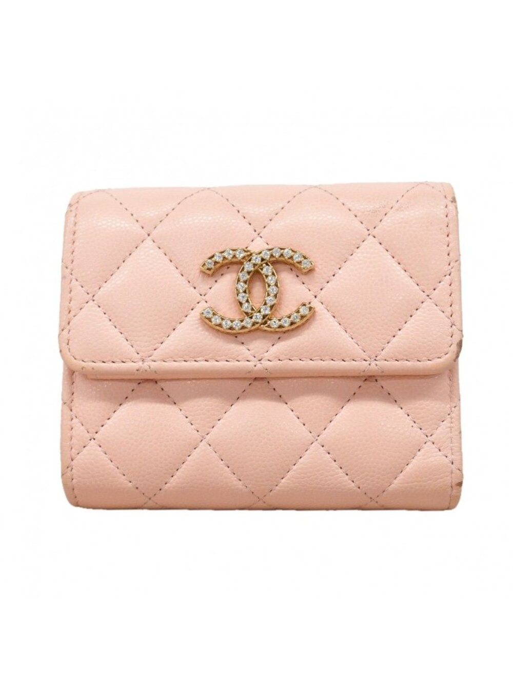 Chanel Trifold Wallet Quilted Caviar Leather Pink Champagne Gold